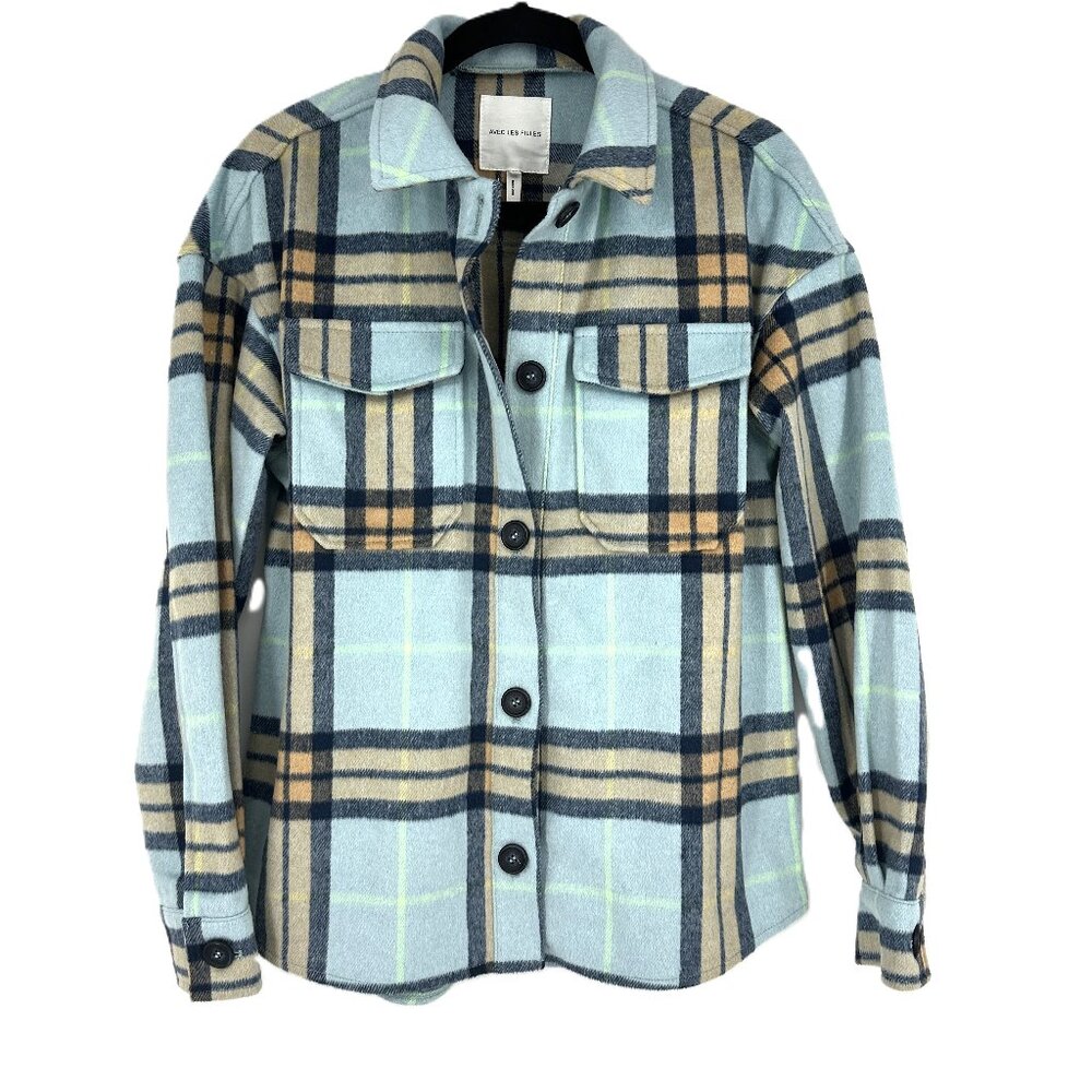 Avec les Filles Oversized Plaid Button Front‎ Fleece Shacket Aqua Blue XS